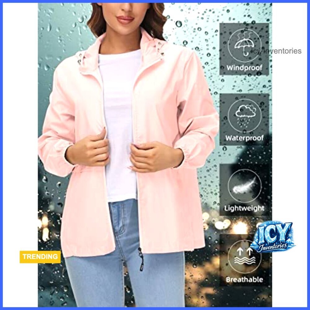 Waterproof Rain Jacket Lightweight Packable Hooded Windbreaker Polyester - Picture 3 of 7